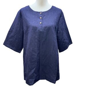 M.N. Top Women L Navy Blue Cotton/Linen Textured Henley Tunic Coastal Lagenlook